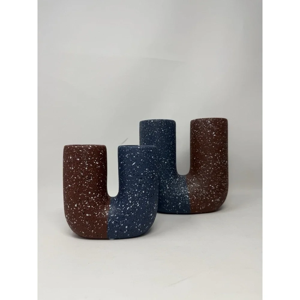 Jonathan Adler X Michaels Ceramic Double Tube Vase Blue Brown Set Of 2 New